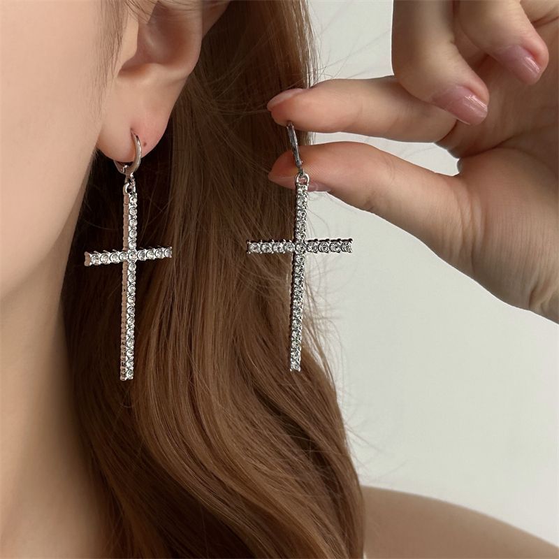 Cross Rhinestone Drop Huggie Earring