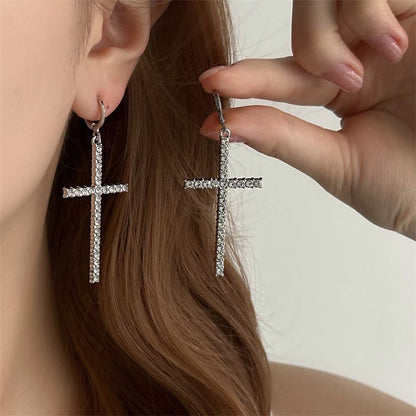 Cross Rhinestone Drop Huggie Earring