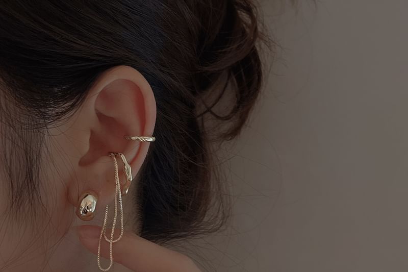 Set: Sterling Earring Hoop Cuff Chain Plain Silver Ear + 925