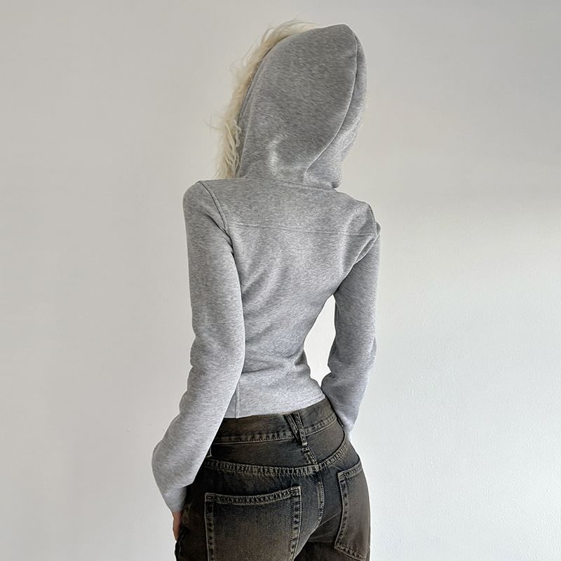 Long Sleeve Plain Button-Up Furry-Trim Hooded Crop Jacket