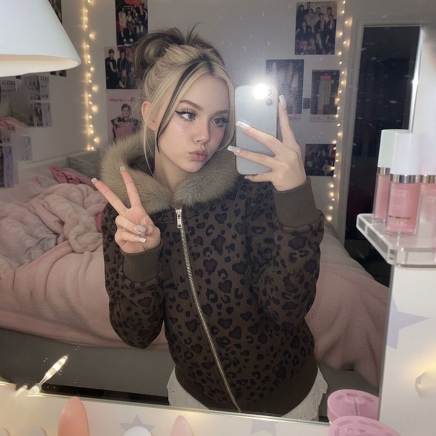 Long Sleeve Leopard Print Furry-Trim Hooded Zip-Up Jacket