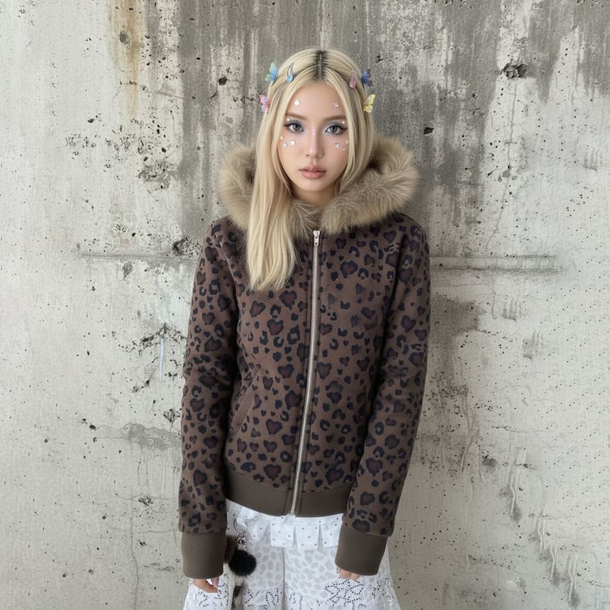 Long Sleeve Leopard Print Furry-Trim Hooded Zip-Up Jacket