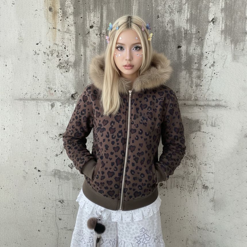 Long Sleeve Leopard Print Furry-Trim Hooded Zip-Up Jacket
