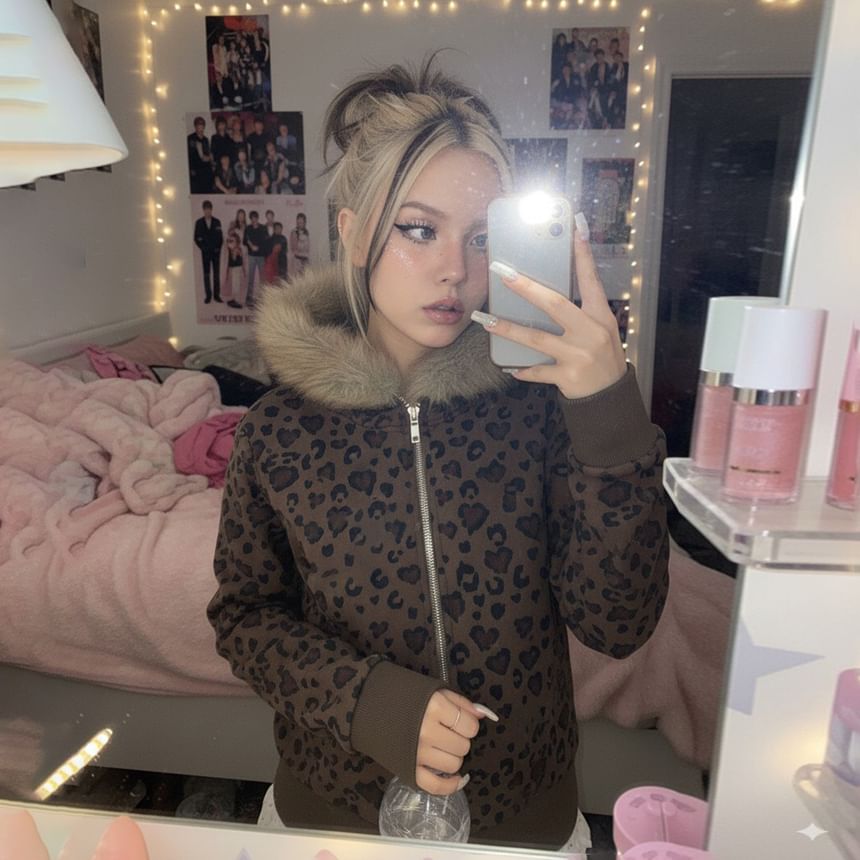 Long Sleeve Leopard Print Furry-Trim Hooded Zip-Up Jacket