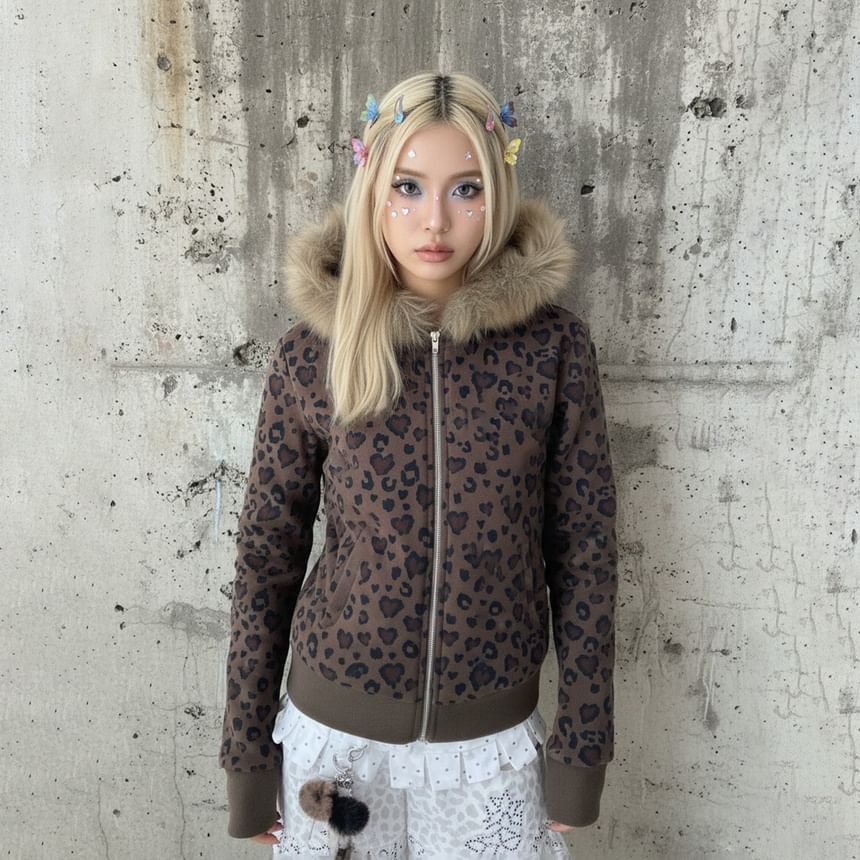Long Sleeve Leopard Print Furry-Trim Hooded Zip-Up Jacket