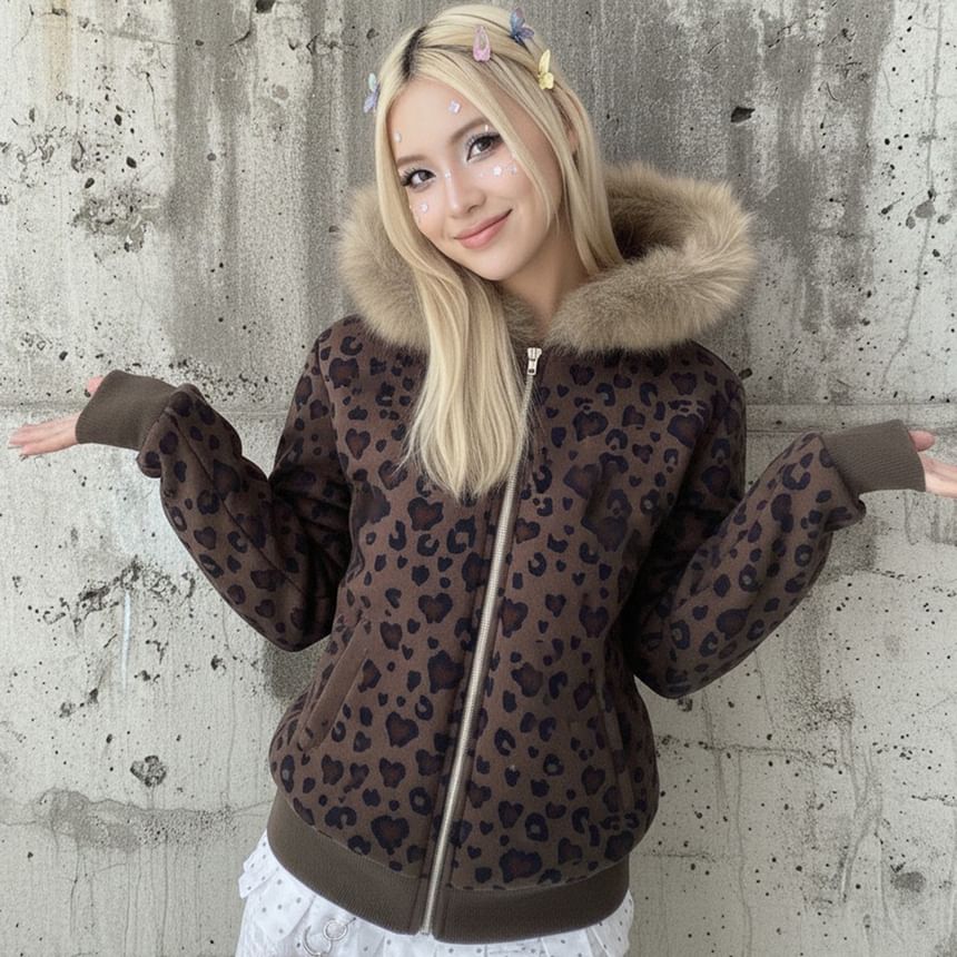 Long Sleeve Leopard Print Furry-Trim Hooded Zip-Up Jacket