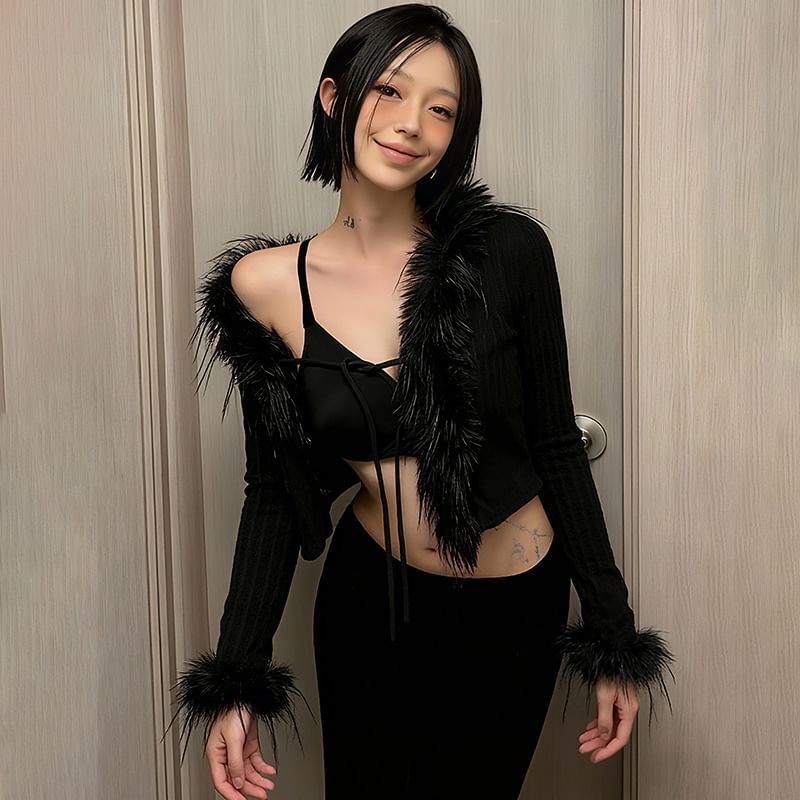 Long Sleeve Faux Fur Trim Cropped Cardigan