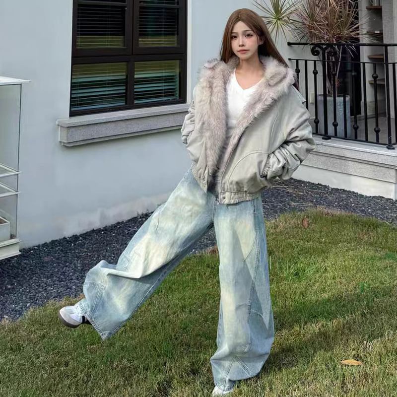 Faux Fur Lining Hood Panel Zip Jacket