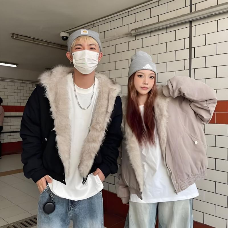 Faux Fur Lining Hood Panel Zip Jacket