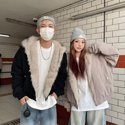 Faux Fur Lining Hood Panel Zip Jacket