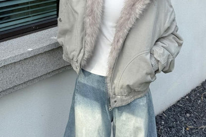 Faux Fur Lining Hood Panel Zip Jacket