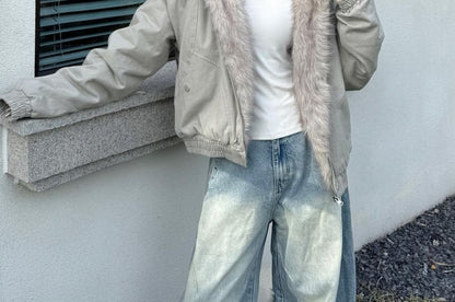 Faux Fur Lining Hood Panel Zip Jacket