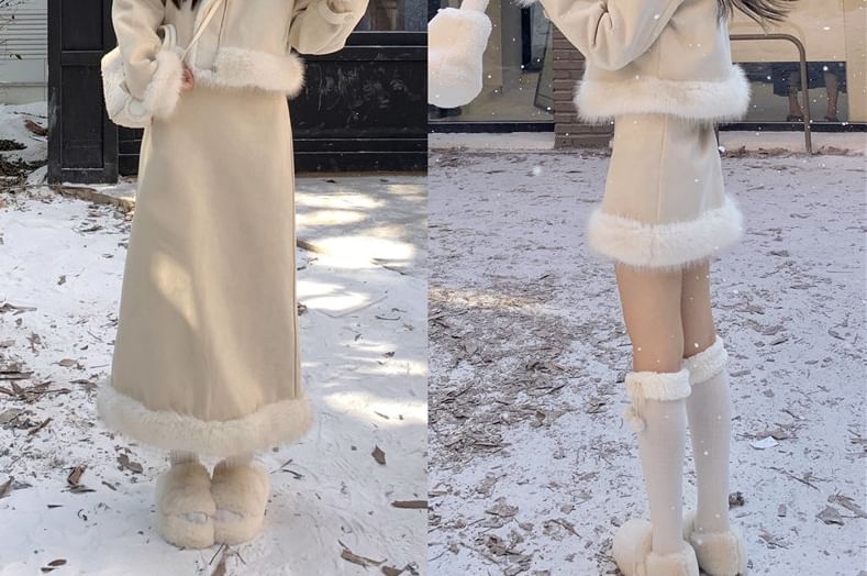 Set: Faux Fur Button-Up Jacket + Pencil Skirt