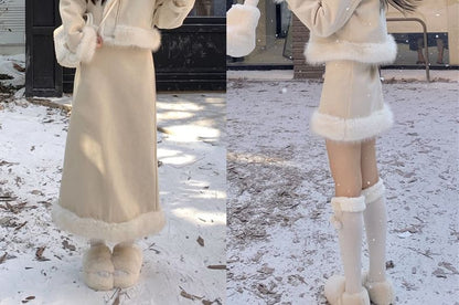 Set: Faux Fur Button-Up Jacket + Pencil Skirt