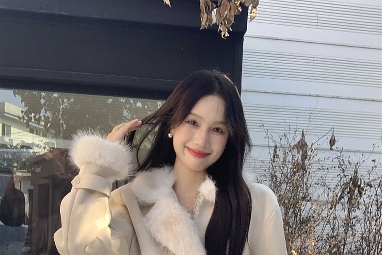 Set: Faux Fur Button-Up Jacket + Pencil Skirt