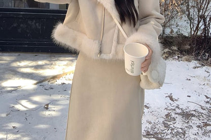 Set: Faux Fur Button-Up Jacket + Pencil Skirt