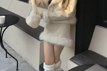 Set: Faux Fur Button-Up Jacket + Pencil Skirt