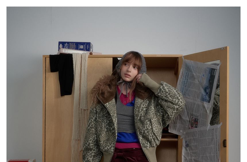 Faux Fur-Trim Leopard-Print Hooded Jacket