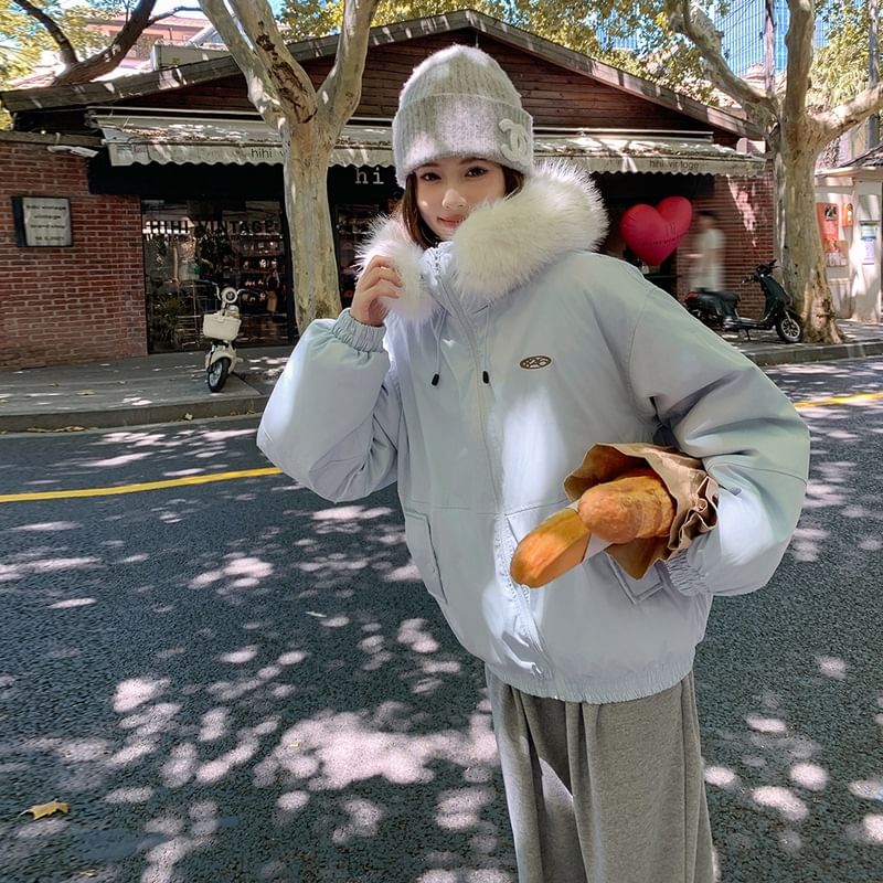 Fluffy Hooded Plain Zip Puffer Jacket