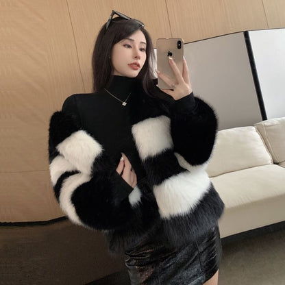 Round Neck Striped Faux Fur Jacket