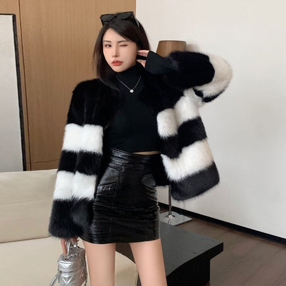 Round Neck Striped Faux Fur Jacket