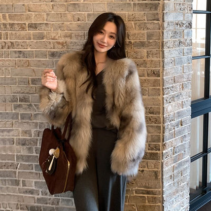 V-Neck Faux Fur Jacket