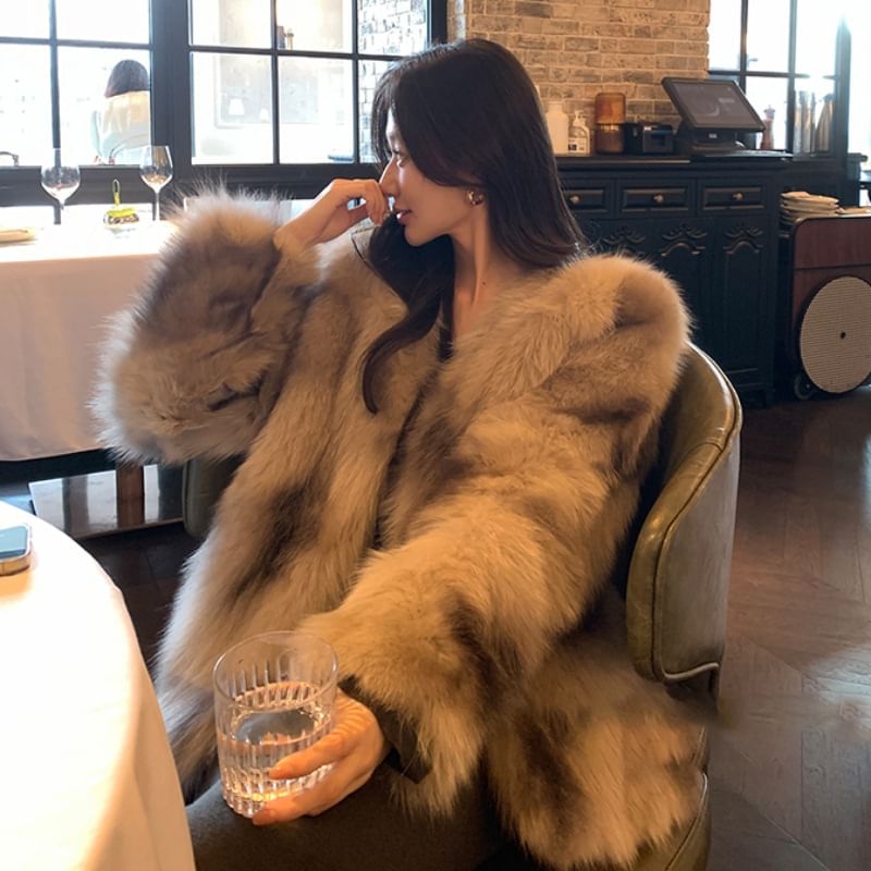 V-Neck Faux Fur Jacket