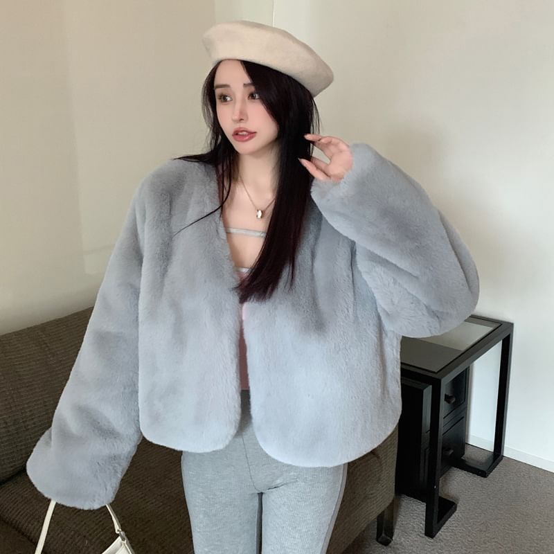 V-Neck Plain Fluffy Jacket