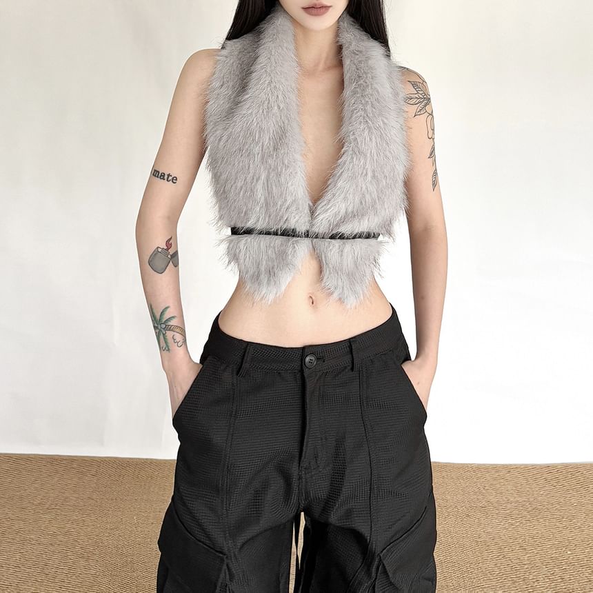 Halter Neck Faux Fur Open-Back Vest