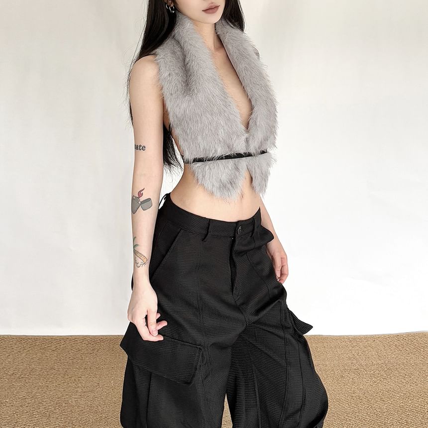 Halter Neck Faux Fur Open-Back Vest