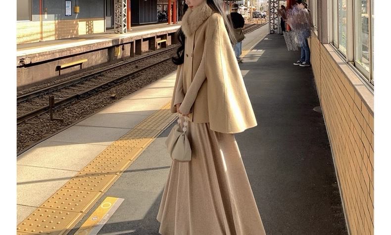 Detachable Faux Fur Collar Plain Double Breasted Cape