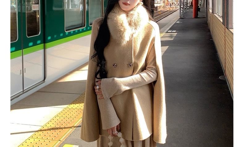 Detachable Faux Fur Collar Plain Double Breasted Cape