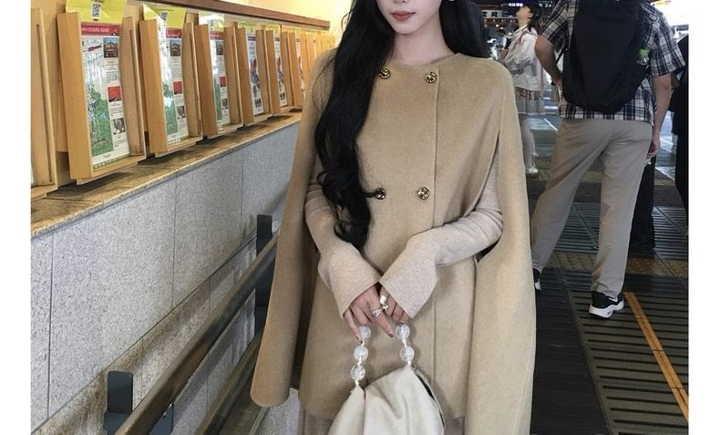 Detachable Faux Fur Collar Plain Double Breasted Cape