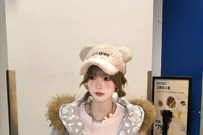 Fluffy Hooded Plain Zip Jacket