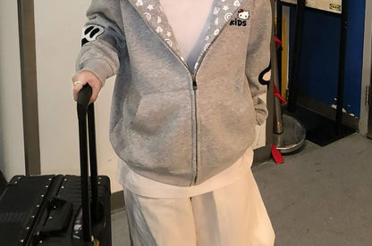 Fluffy Hooded Plain Zip Jacket