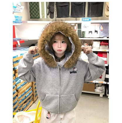 Fluffy Hooded Plain Zip Jacket