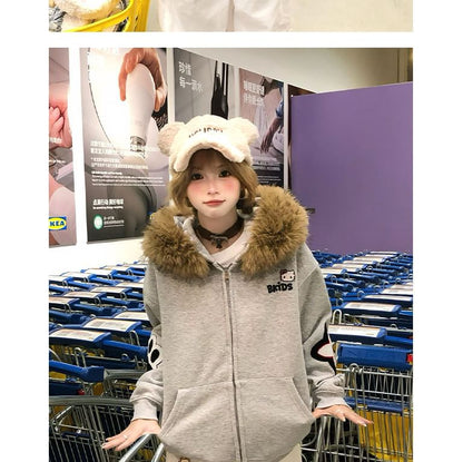 Fluffy Hooded Plain Zip Jacket