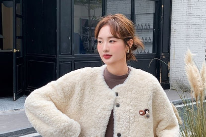 Round Neck Plain Button Teddy Jacket