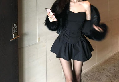 Plain Crop Tube Top / High Waist Mini A-Line Skort / Fluffy Open Front Jacket