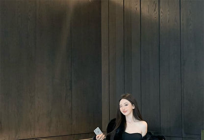 Plain Crop Tube Top / High Waist Mini A-Line Skort / Fluffy Open Front Jacket