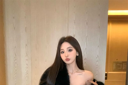 Plain Crop Tube Top / High Waist Mini A-Line Skort / Fluffy Open Front Jacket