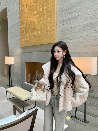 Collared Button-Up Plain Fluffy Jacket