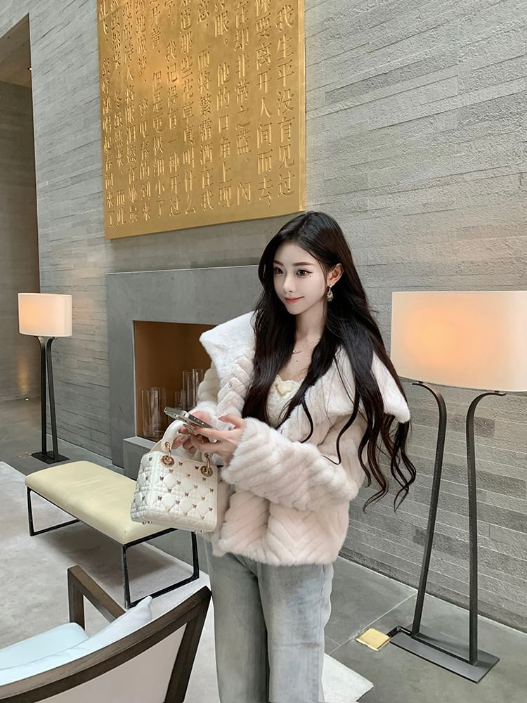 Collared Button-Up Plain Fluffy Jacket