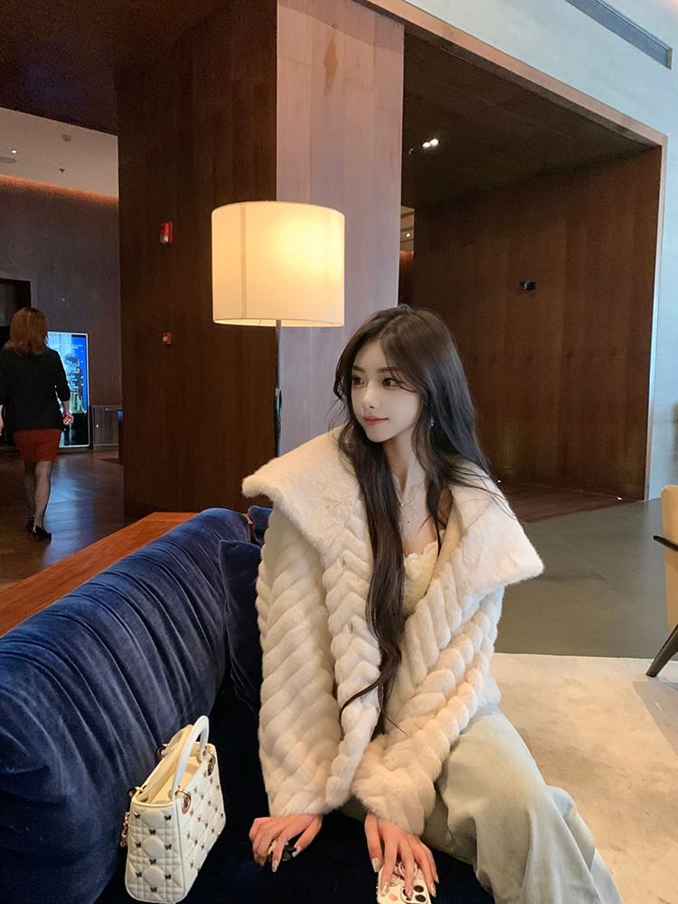 Collared Button-Up Plain Fluffy Jacket