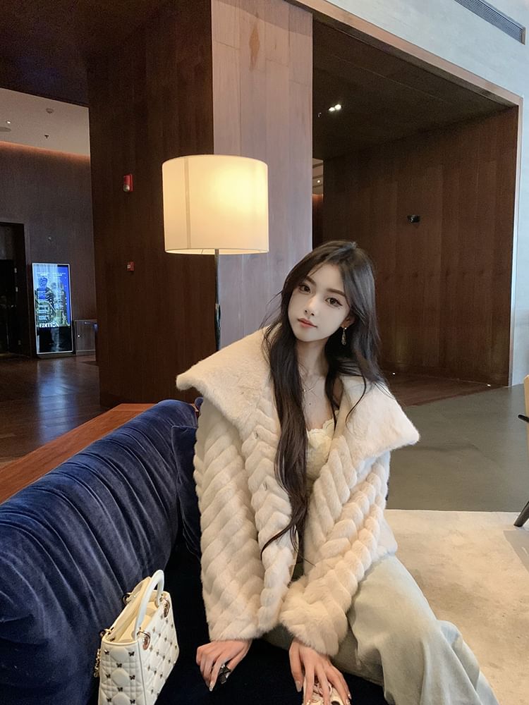 Collared Button-Up Plain Fluffy Jacket