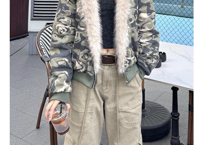 Fluffy Hooded Camouflage Zip Jacket