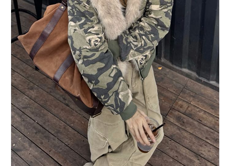 Fluffy Hooded Camouflage Zip Jacket