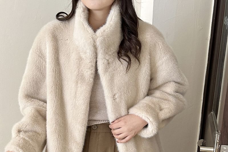 Stand Collar Plain Faux Fur Single-Breasted Coat