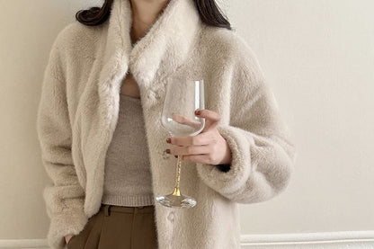 Stand Collar Plain Faux Fur Single-Breasted Coat