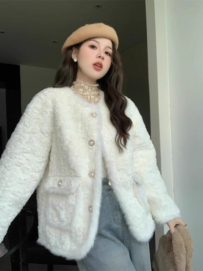 Crew Neck Fluffy Button-Up Plain Jacket